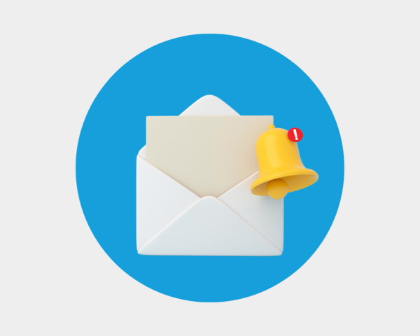 Grafische Darstellung eines Briefumschlages mit Glocke oben rechts 