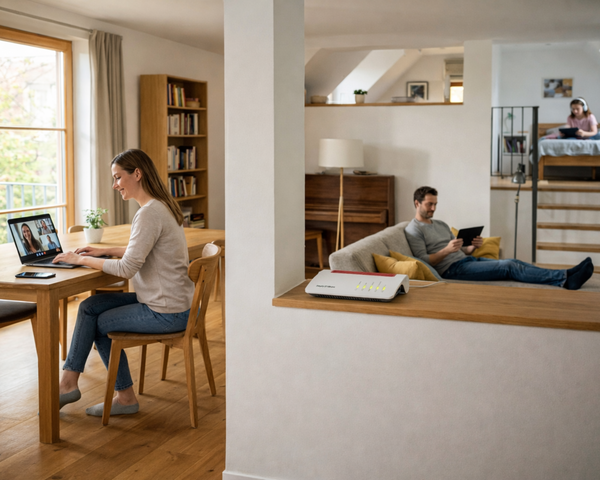 Familie nutzt gleichzeitig digitale Geräte in einem vernetzten Zuhause.