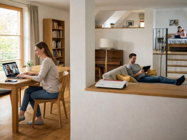 Familie nutzt gleichzeitig digitale Geräte in einem vernetzten Zuhause.