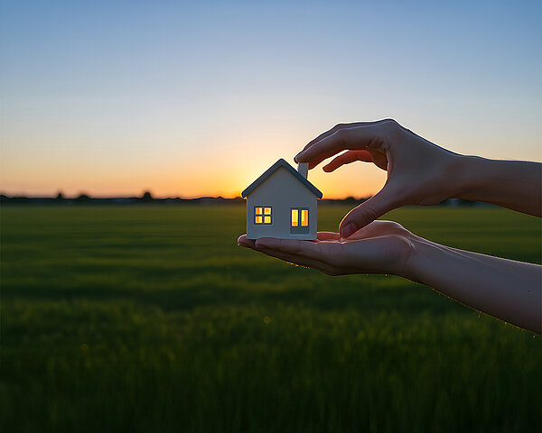 Kleines Haus in der Hand Ein kleine Dekohaus wird von zwei Händen gehalten, im Hintergrund eine Rasenfläche