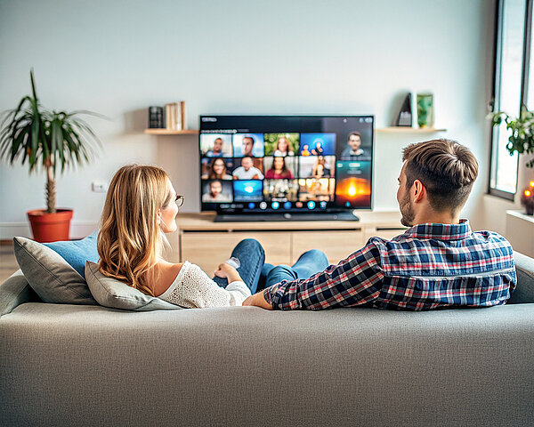 Pärchen von hinten auf der Couch, schaut Fernsehen