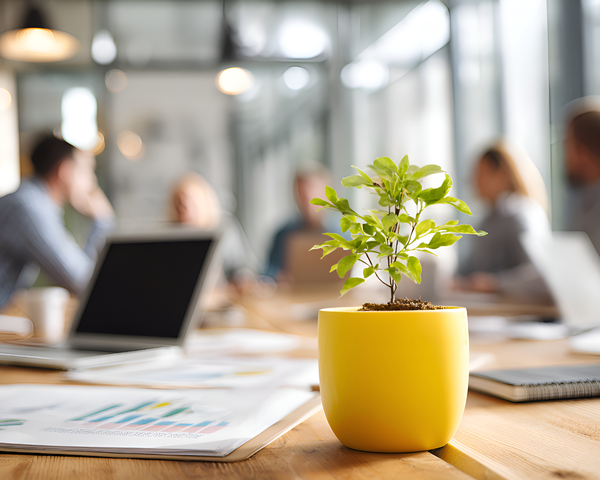 Pflanze auf einem Schreibtisch in moderner Büroumgebung