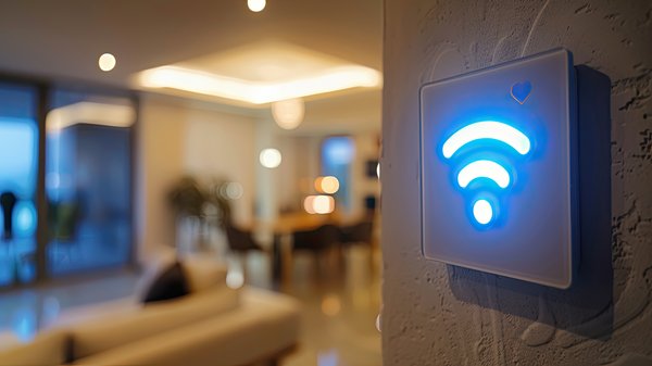 Büro verschwommen im Hintergrund, im Vordergrund ist ein WIFI Symbol