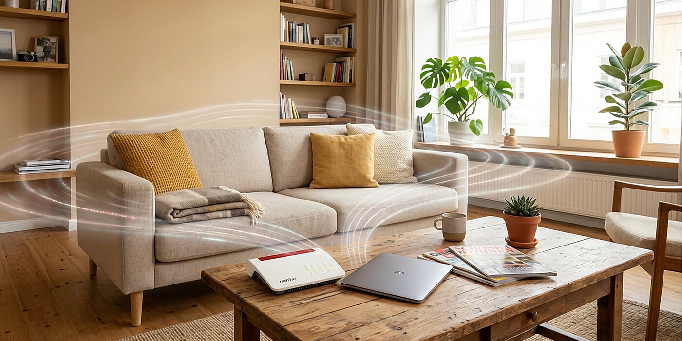 Wohnzimmer mit Sofa, Pflanzen und einem WLAN-Router auf dem Tisch