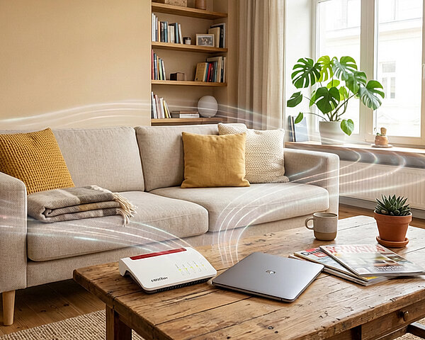 Wohnzimmer mit Sofa, Pflanzen und einem WLAN-Router auf dem Tisch