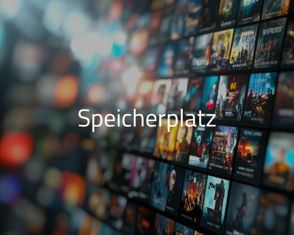 Digitale Produkte im Hintergrund mit dem Schriftzug "Speicherplatz"