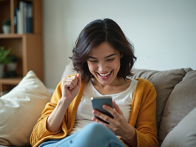 Frau sitzt lachend auf dem Sofa und hält ein Handy in der Hand