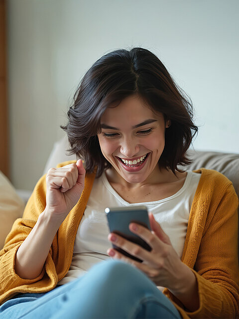Frau sitzt lachend auf dem Sofa und hält ein Handy in der Hand