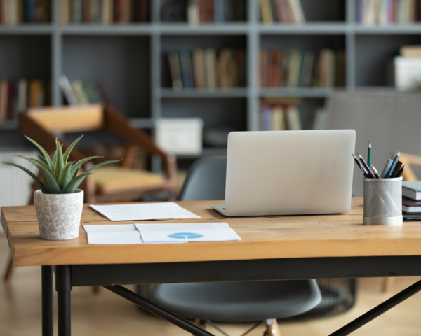 Schreibtisch mit Laptop und Pflanze