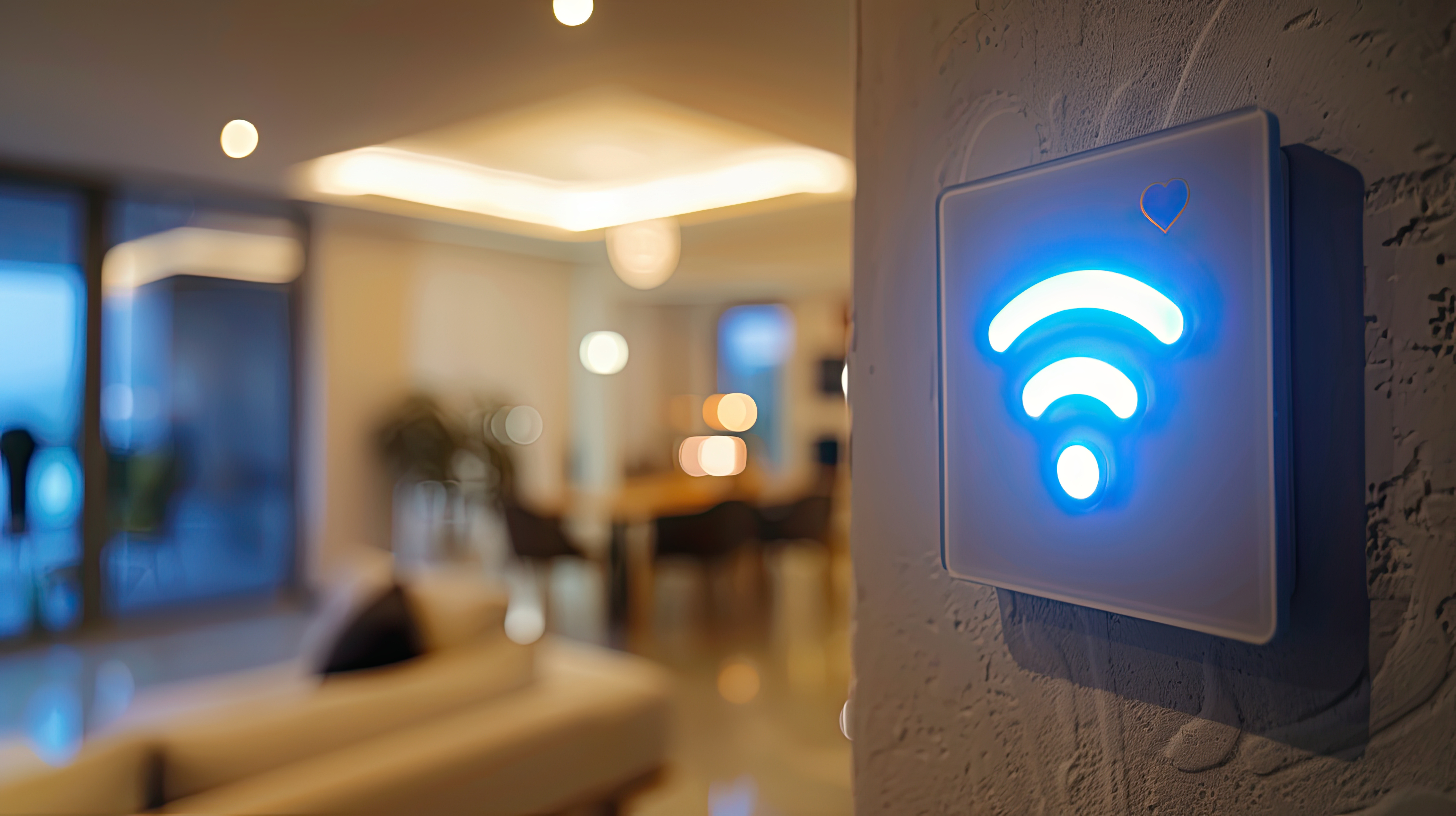 Büro verschwommen im Hintergrund, im Vordergrund ist ein WIFI Symbol