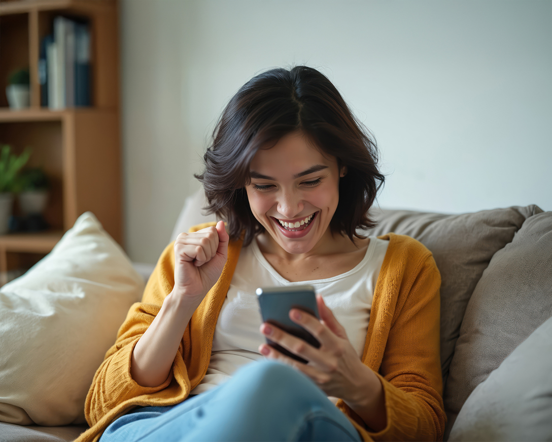 Frau sitzt lachend auf dem Sofa und hält ein Handy in der Hand